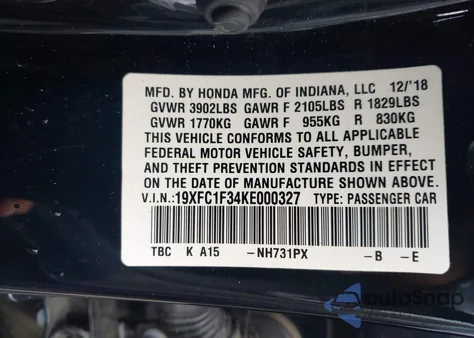 2019 Honda Civic Ex from USA, damaged, VIN 19XFC1F34KE000327